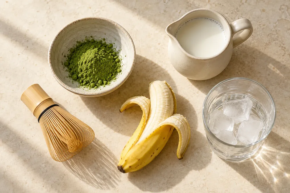 Banana matcha latte ingredients: matcha powder, ripe banana, milk, ice and a bamboo whisk