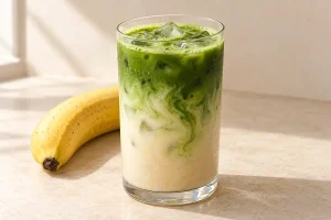 Iced banana matcha latte with fresh banana milk, a green matcha swirl and ice
