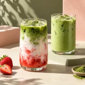 Illustrative layered strawberry matcha latte beside a green iced latte on a sunlit cream table.